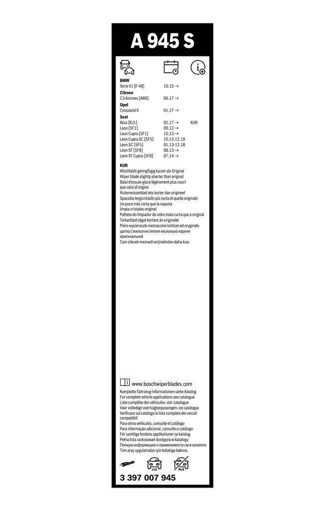 3397007945 Bosch Escobillas Limpiaparabrisas delanteras