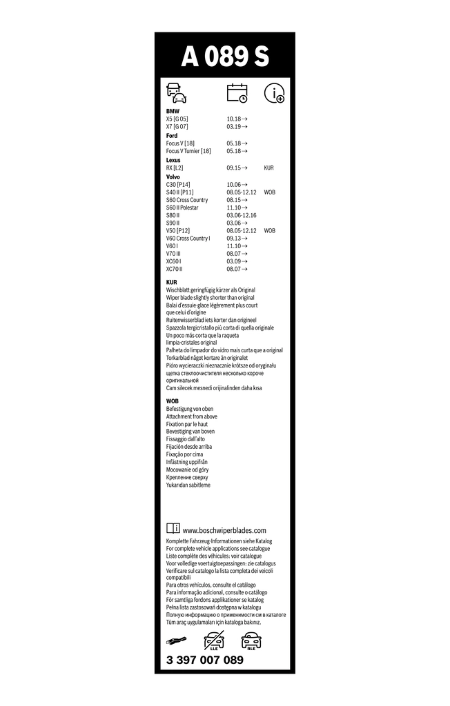 Comprar 3397007089 Bosch Juego de escobillas de luna delantera, 2 piezas