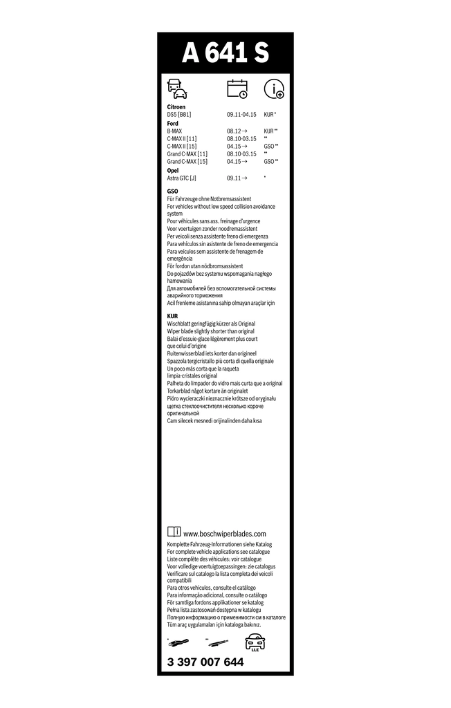 Escobillas delanteras Bosch 3397007644 precio, desde 25,79 EUR