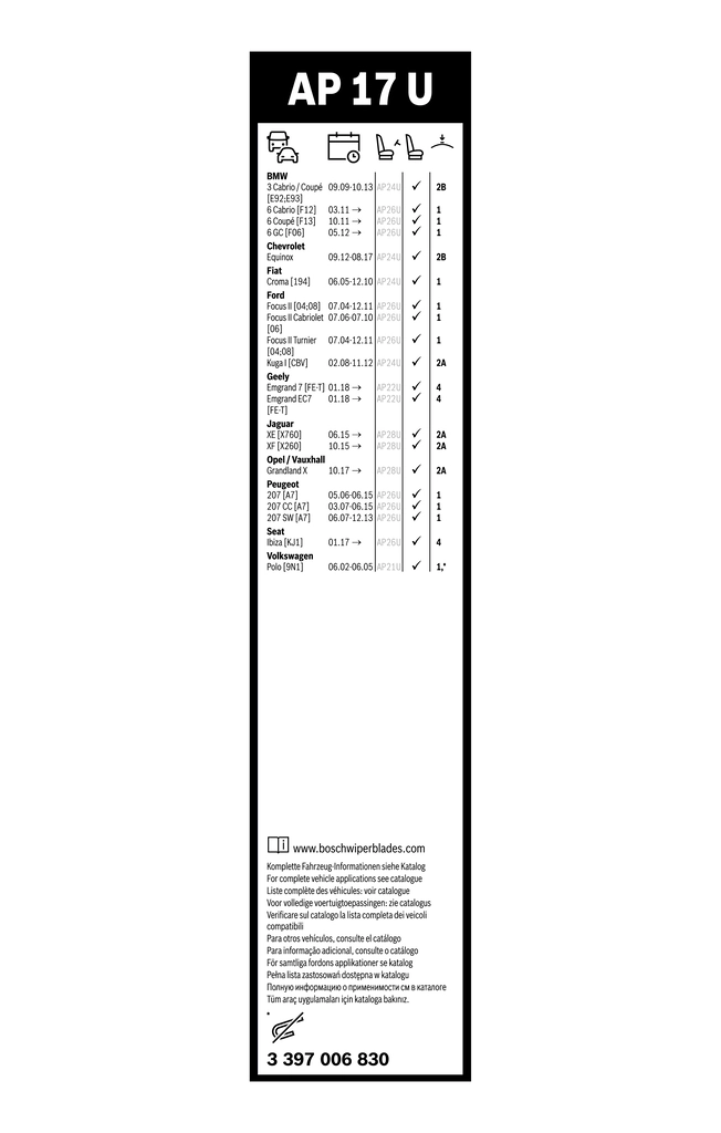 Comprar 3397006830 Bosch Escobilla del limpiaparabrisas del lado del conductor