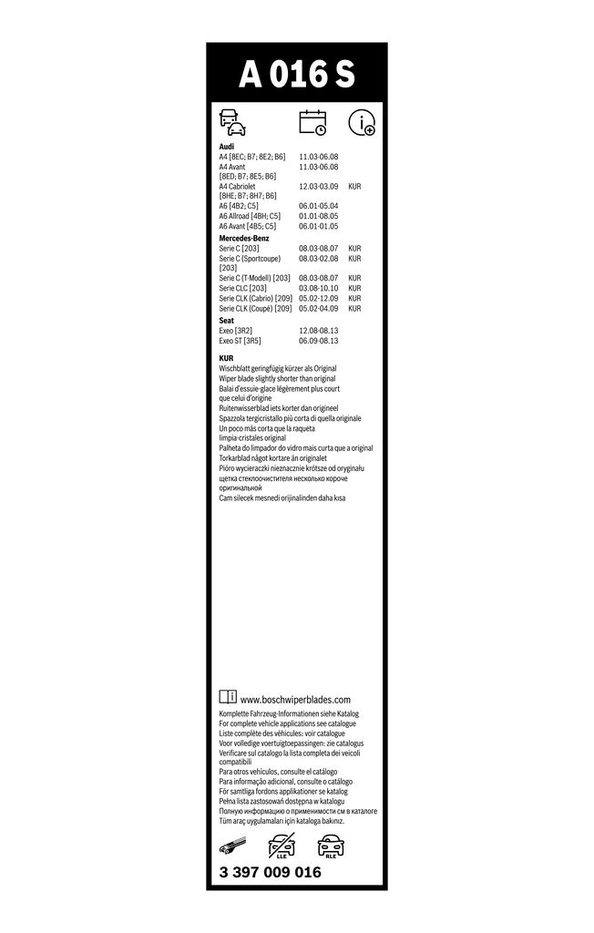 Escobilla del limpiaparabrisas del lado del conductor Bosch 3397009016 precio, desde 21,54 EUR