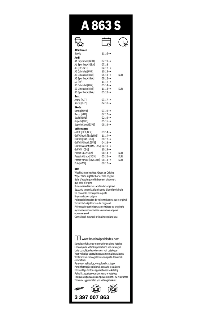 Comprar 3397007863 Bosch Juego de escobillas de luna delantera, 2 piezas