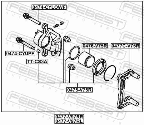 0477CV75R Febest Soporte de la pinza de freno trasera