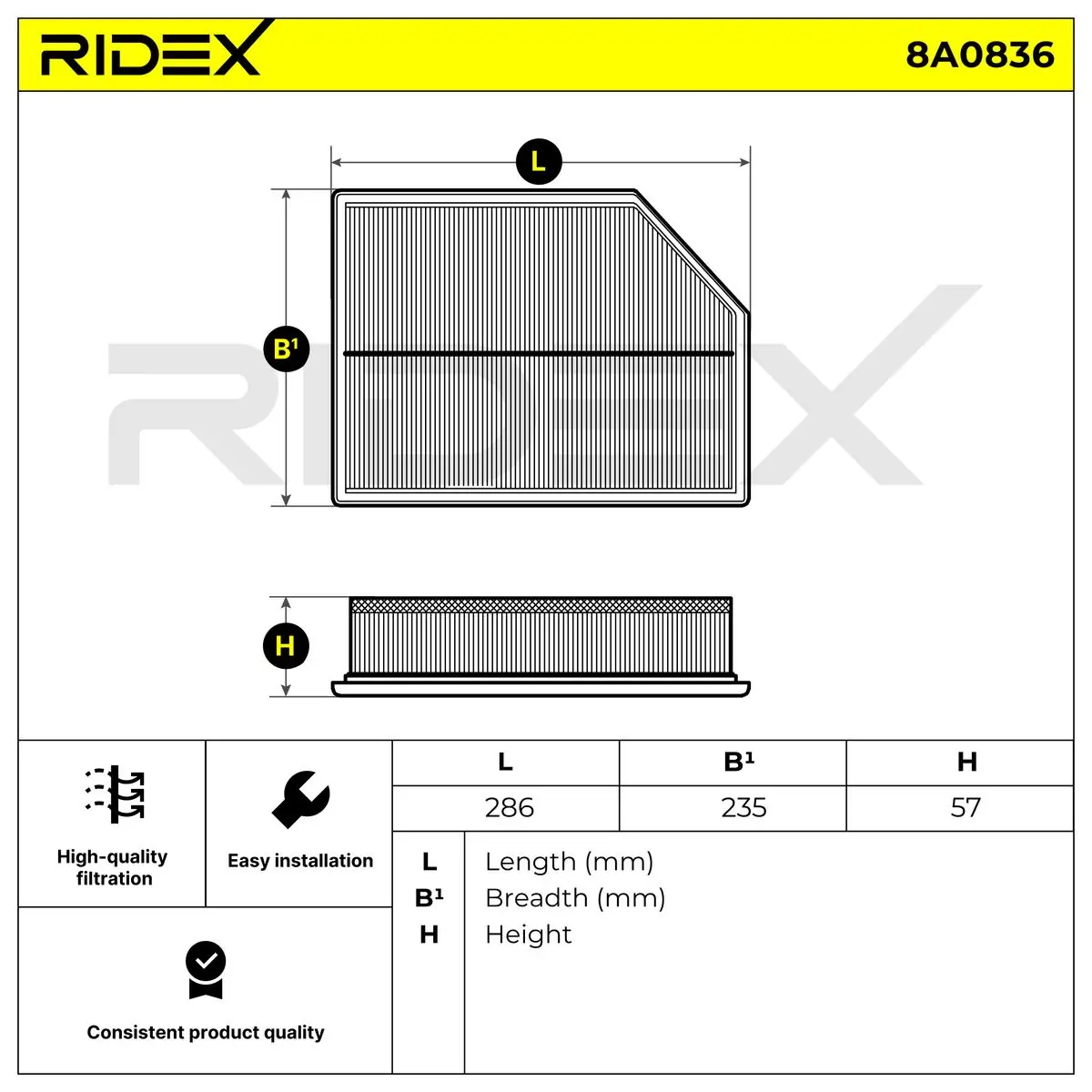 Filtro de aire 8A0836 Ridex