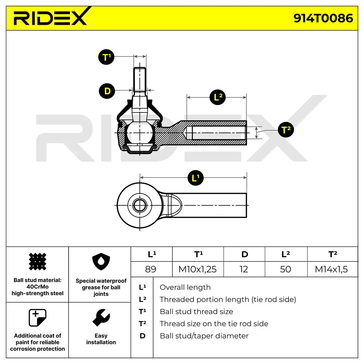 Rótula barra de dirección 914T0086 Ridex