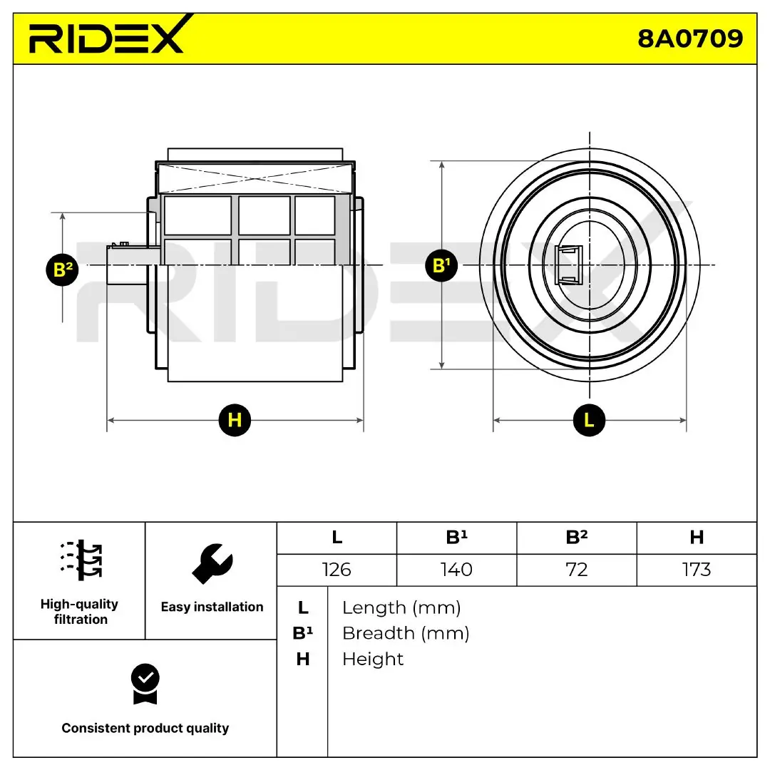8A0709 Ridex Filtro de aire de motor