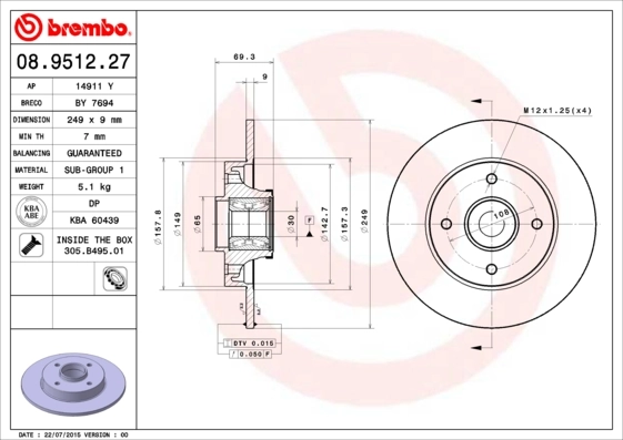 Disco de freno trasero BREMBO 08951227