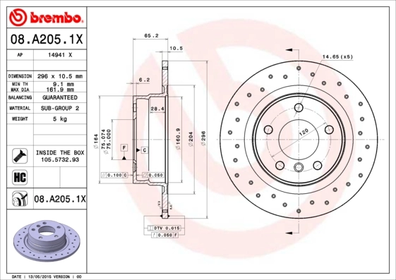 Disco de freno trasero BREMBO 08A2051X