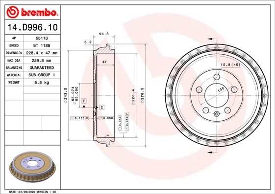 Tambor de freno trasero Volkswagen Polo VI (AW1, BZ1, AE1)