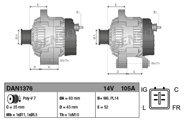 Alternador del motor Denso DAN1376 precio, desde 262,05 EUR