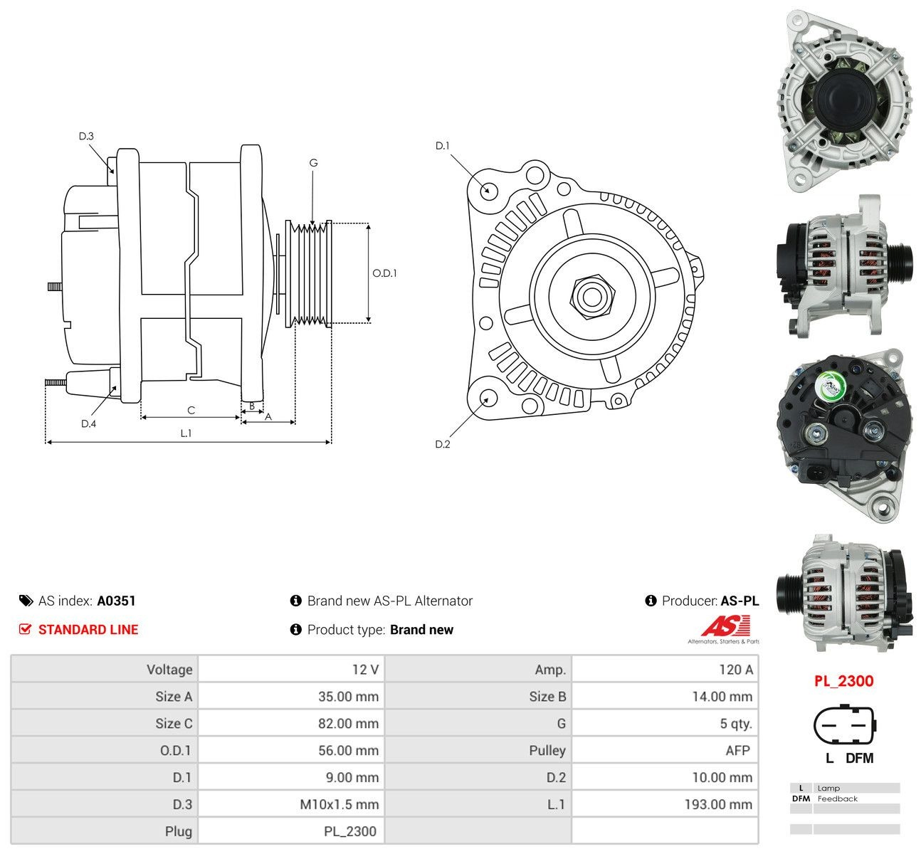 A0351 As-pl Alternador de coche
