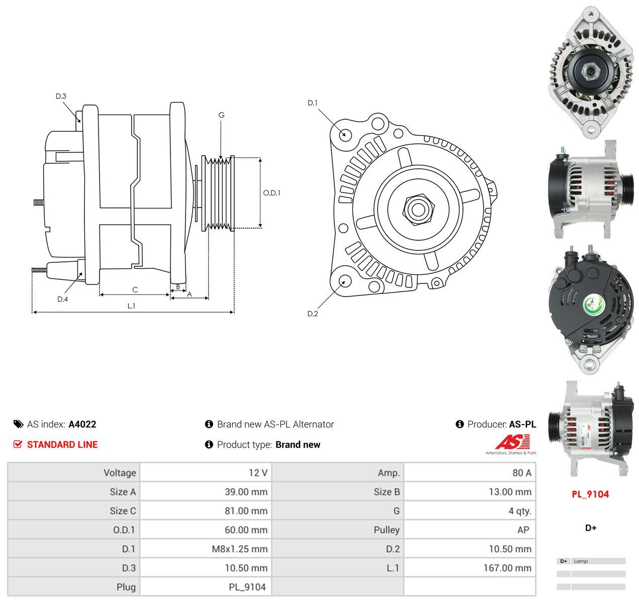 A4022 As-pl Alternador de coche