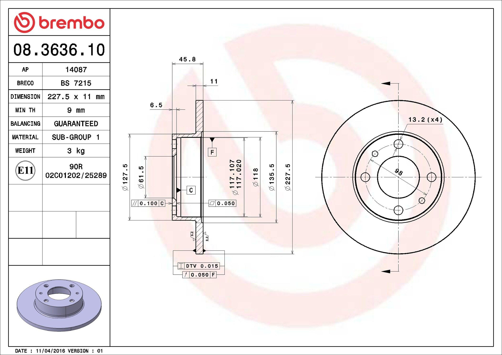 Disco de freno 08363610 Brembo