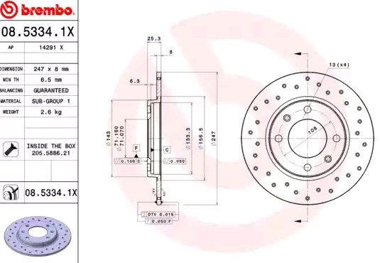 Disco de freno trasero 0853341X Brembo