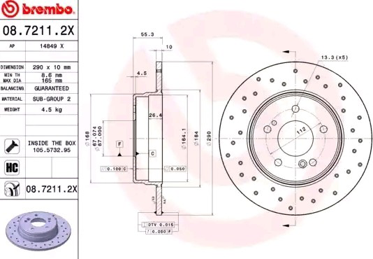 Disco de freno trasero 0872112X Brembo