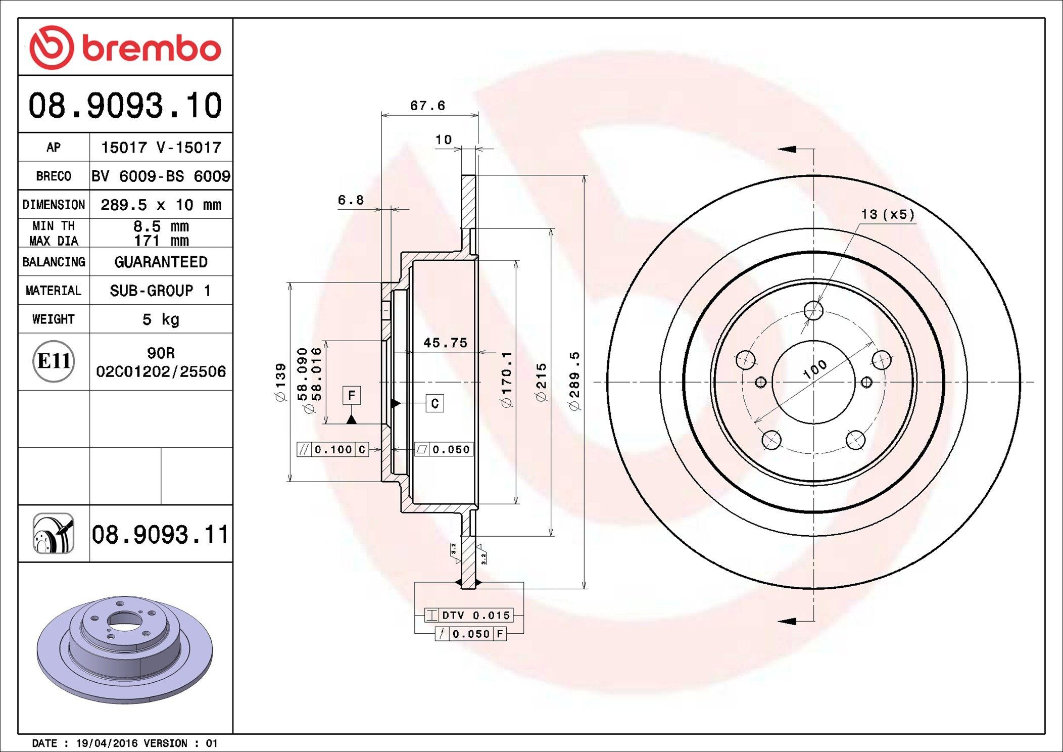 Disco de freno trasero Brembo 08909311 precio, desde 40,50 EUR