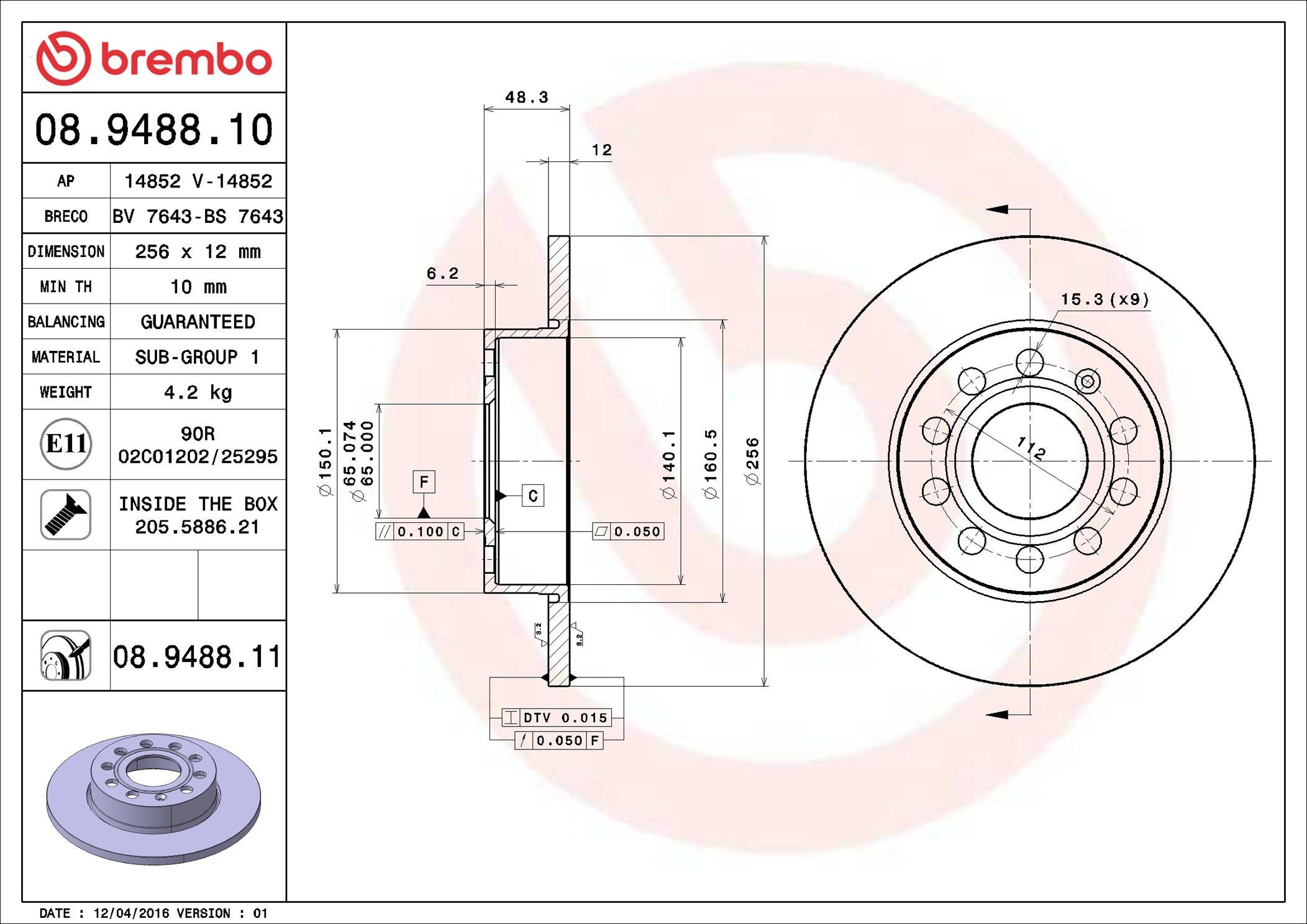 Disco de freno trasero 08948811 Brembo