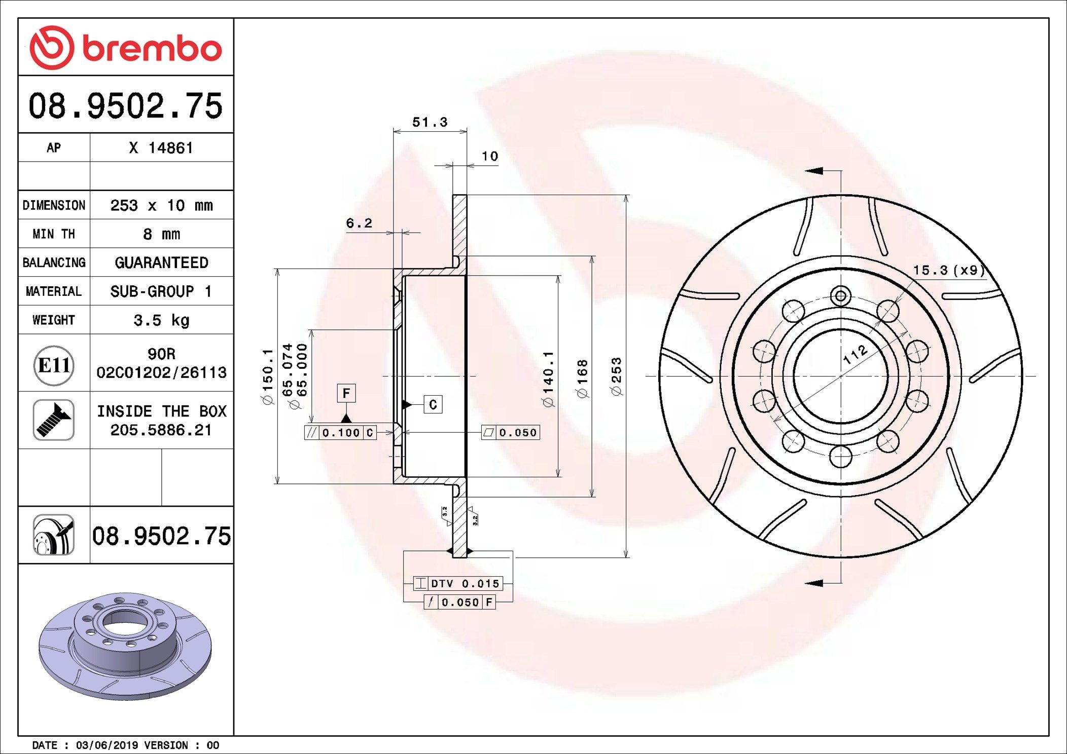 08950275 Brembo Freno de disco trasero