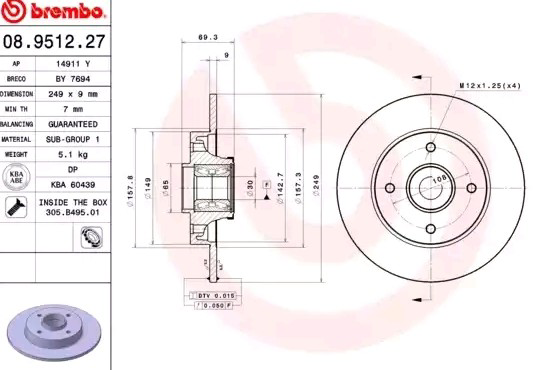 Disco de freno trasero 08951227 Brembo