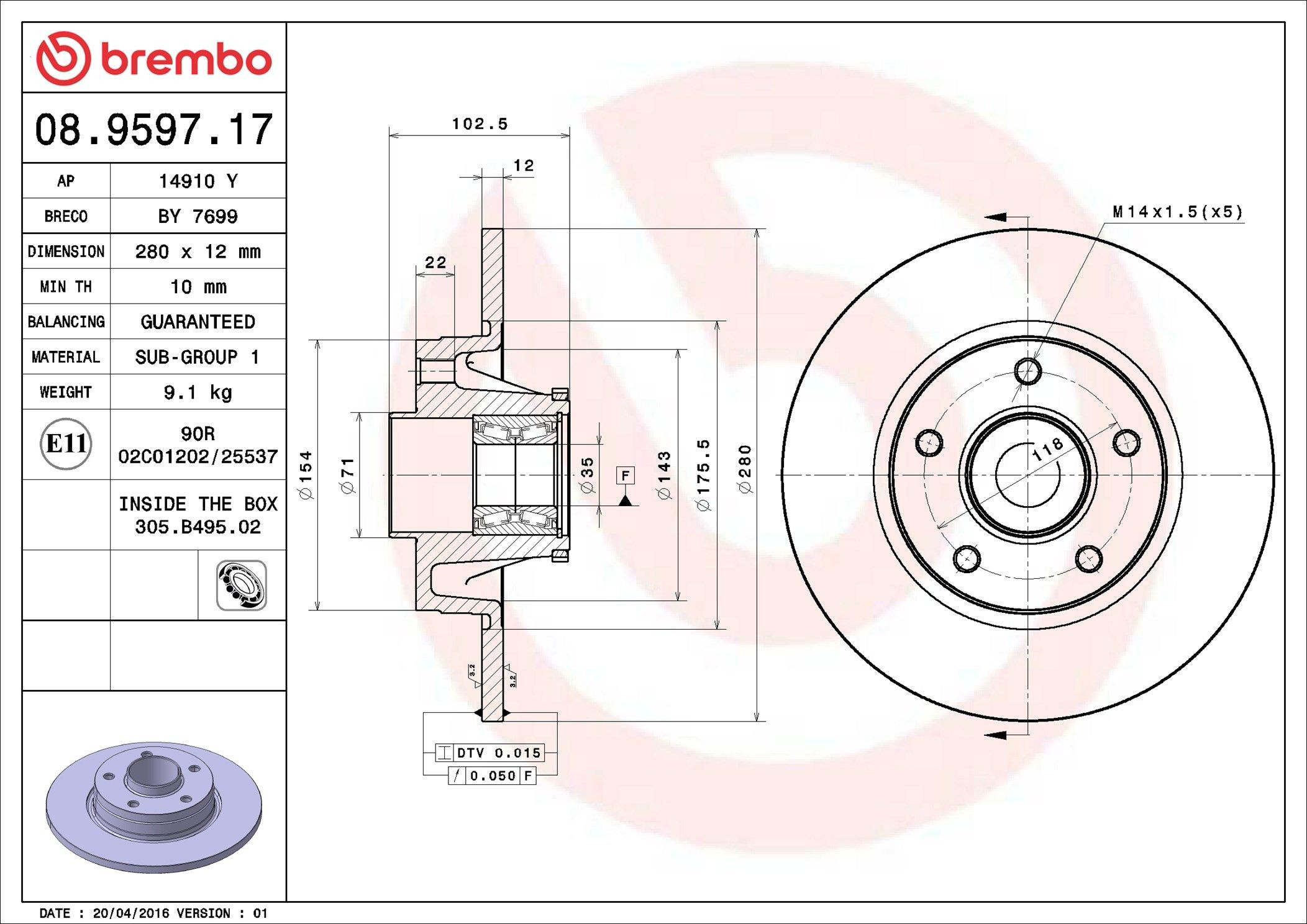 Disco de freno trasero Brembo 08959717 precio, desde 88,33 EUR