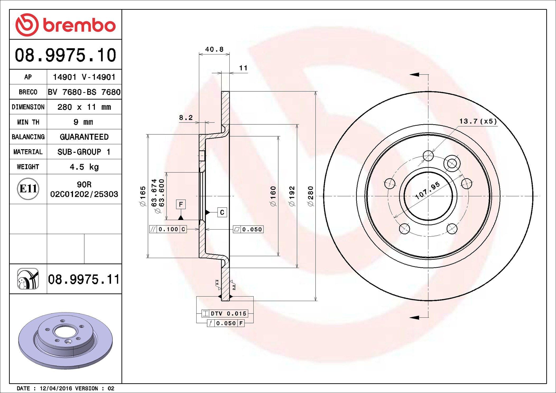 Disco de freno trasero 08997511 Brembo