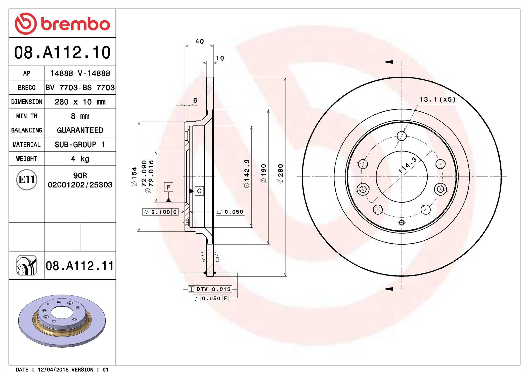 Disco de freno trasero 08A11211 Brembo