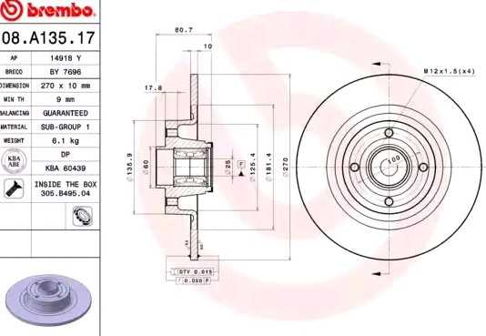 08A13517 Brembo Freno de disco trasero