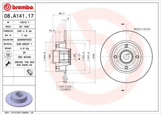 Comprar 08A14117 Brembo Disco de freno trasero