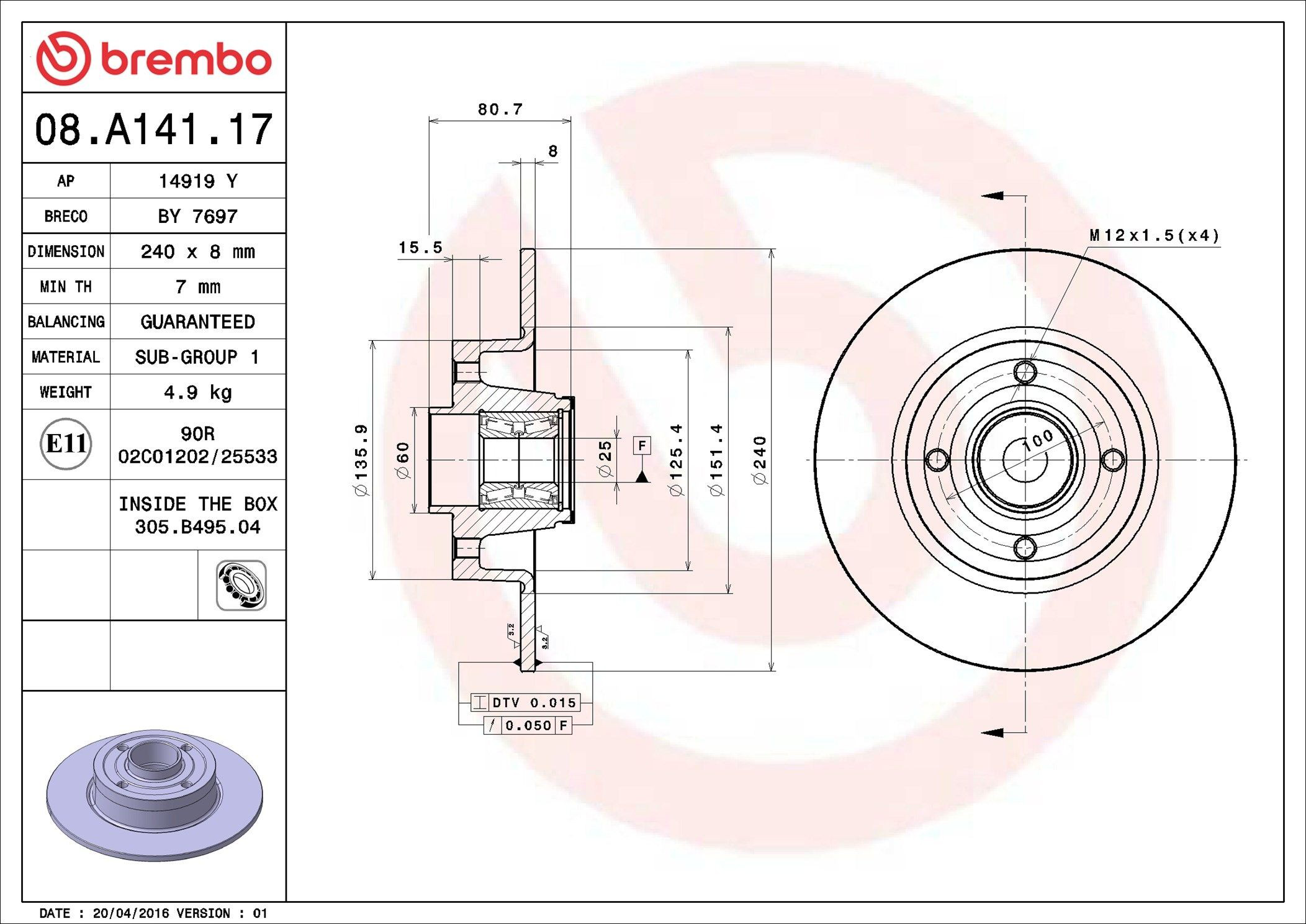 Disco de freno trasero Brembo 08A14117 precio, desde 73,17 EUR