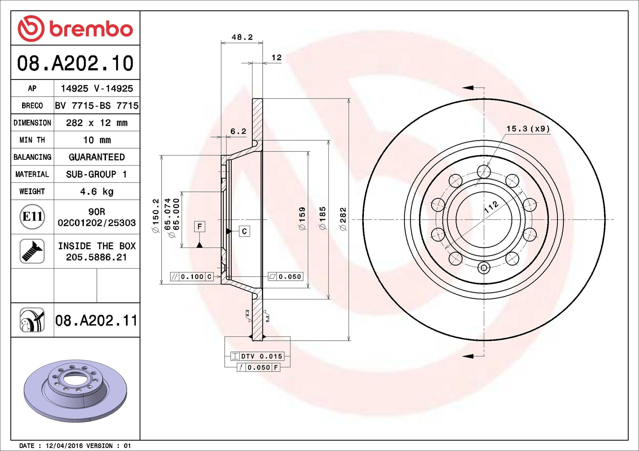 Disco de freno trasero 08A20211 Brembo