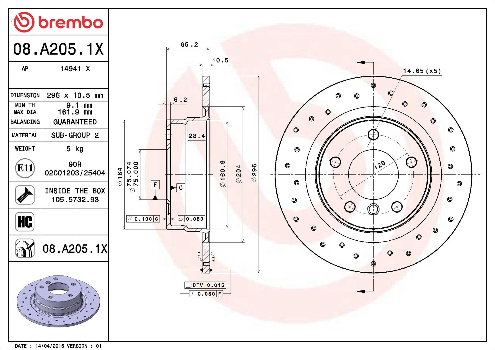 08A2051X Brembo Freno de disco trasero