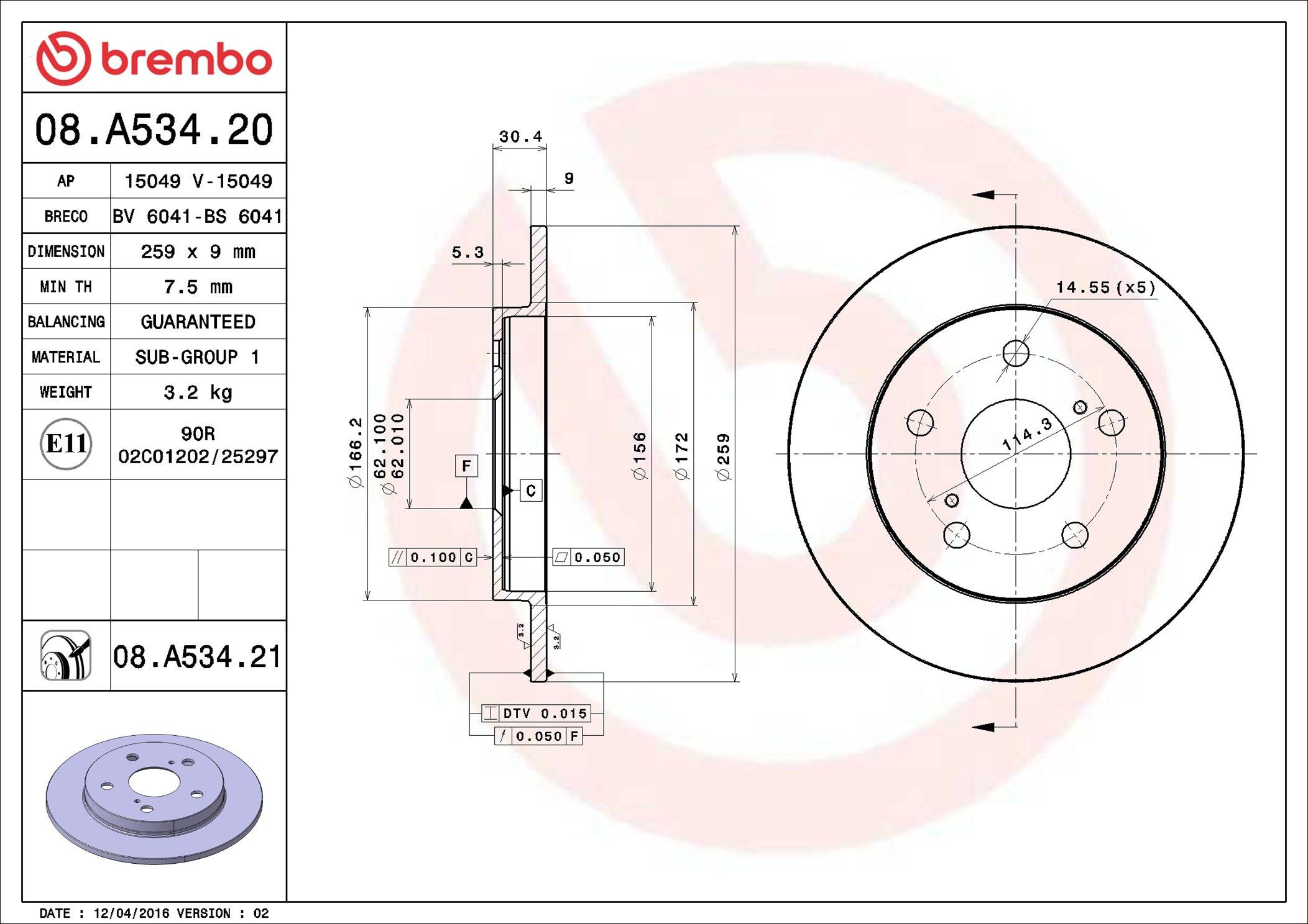 Disco de freno trasero 08A53421 Brembo
