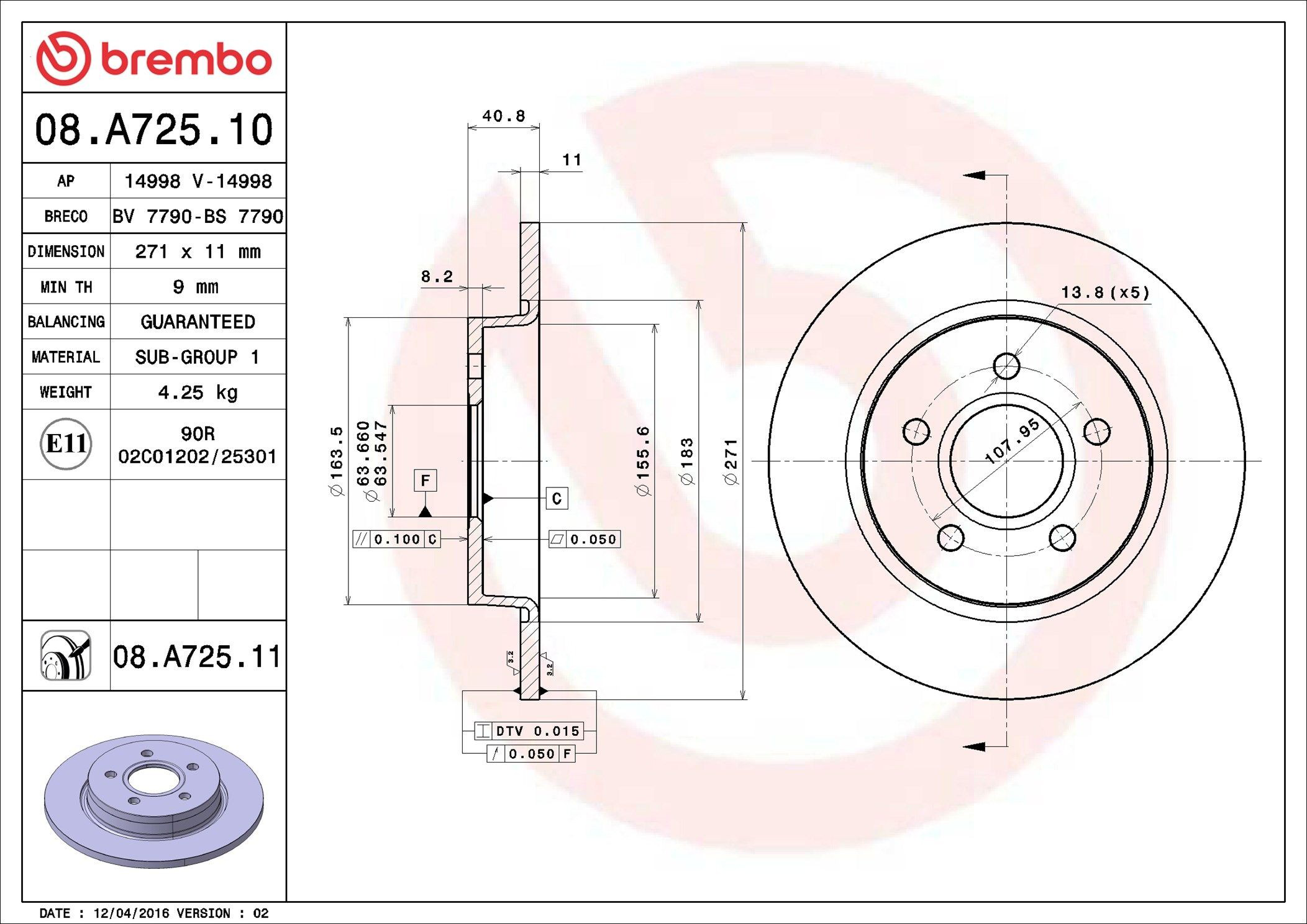 08A72511 Brembo Freno de disco trasero