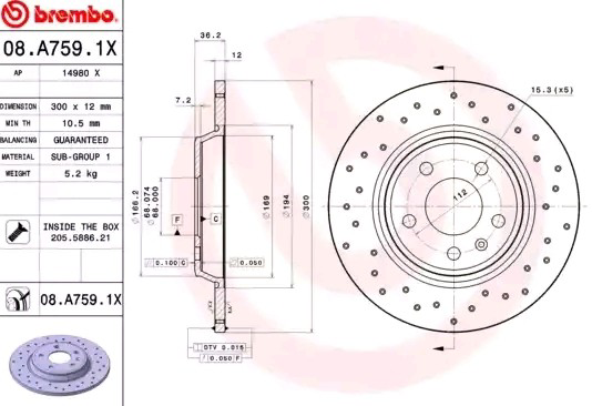 Disco de freno trasero Brembo 08A7591X precio, desde 41,82 EUR