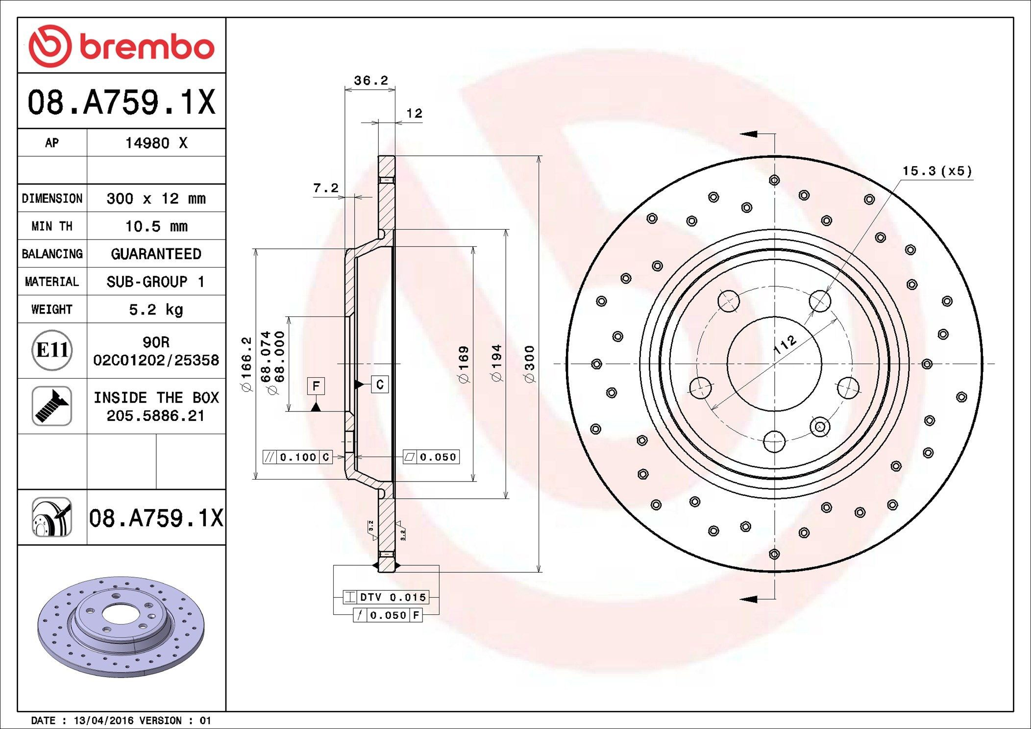 Disco de freno trasero Brembo 08A7591X precio, desde 41,82 EUR