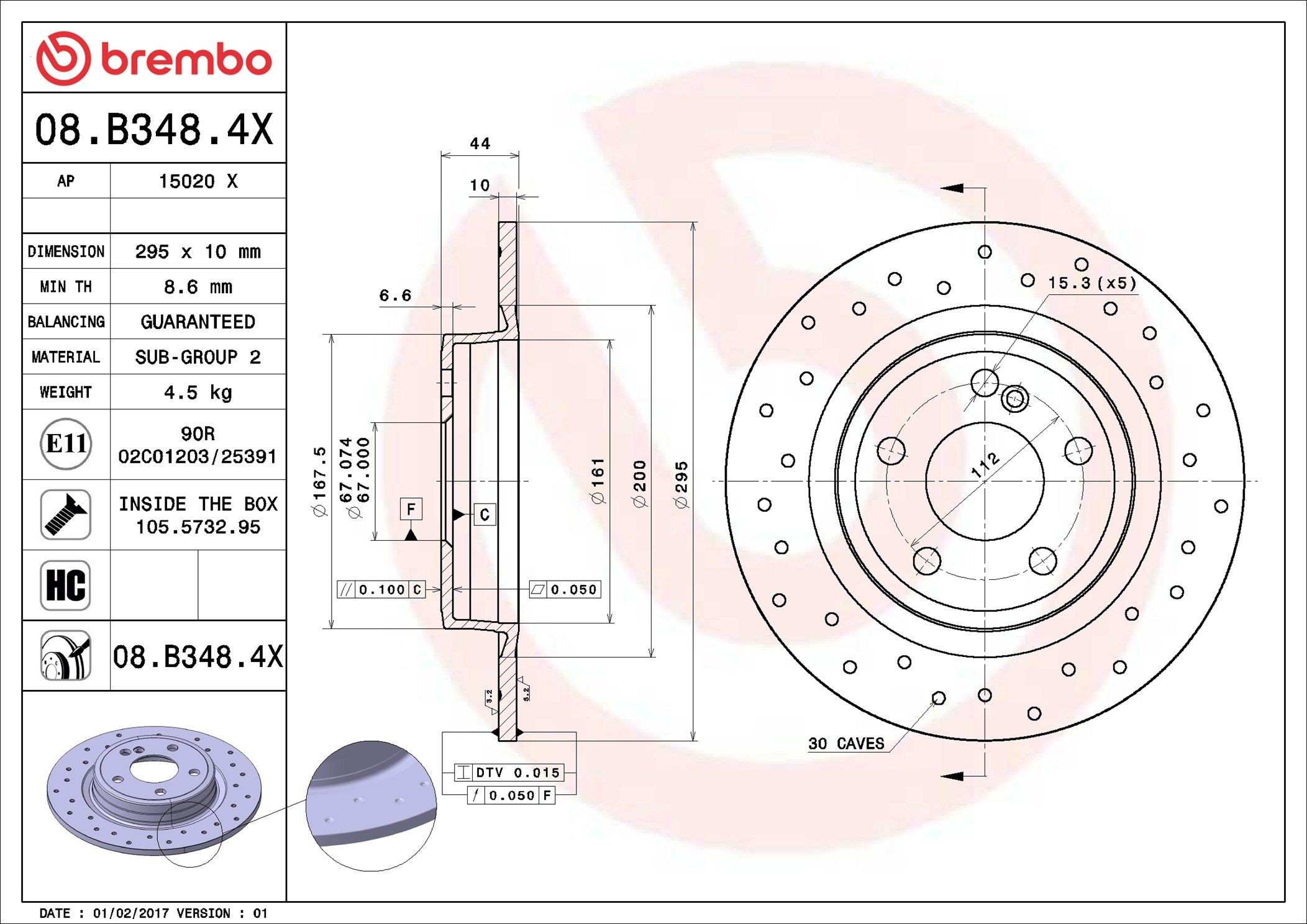 Disco de freno trasero 08B3484X Brembo