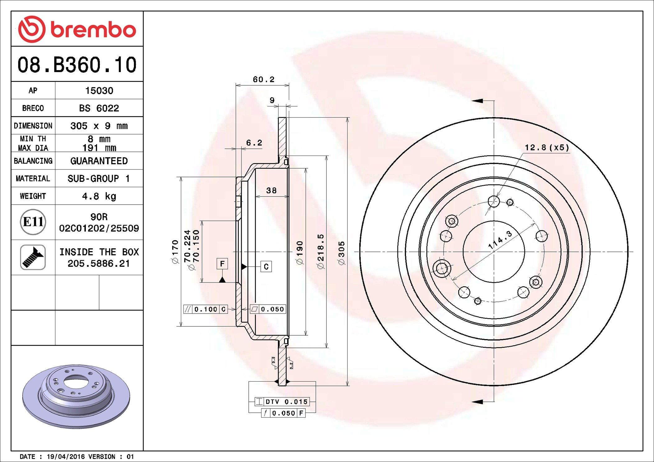 Disco de freno trasero 08B36010 Brembo