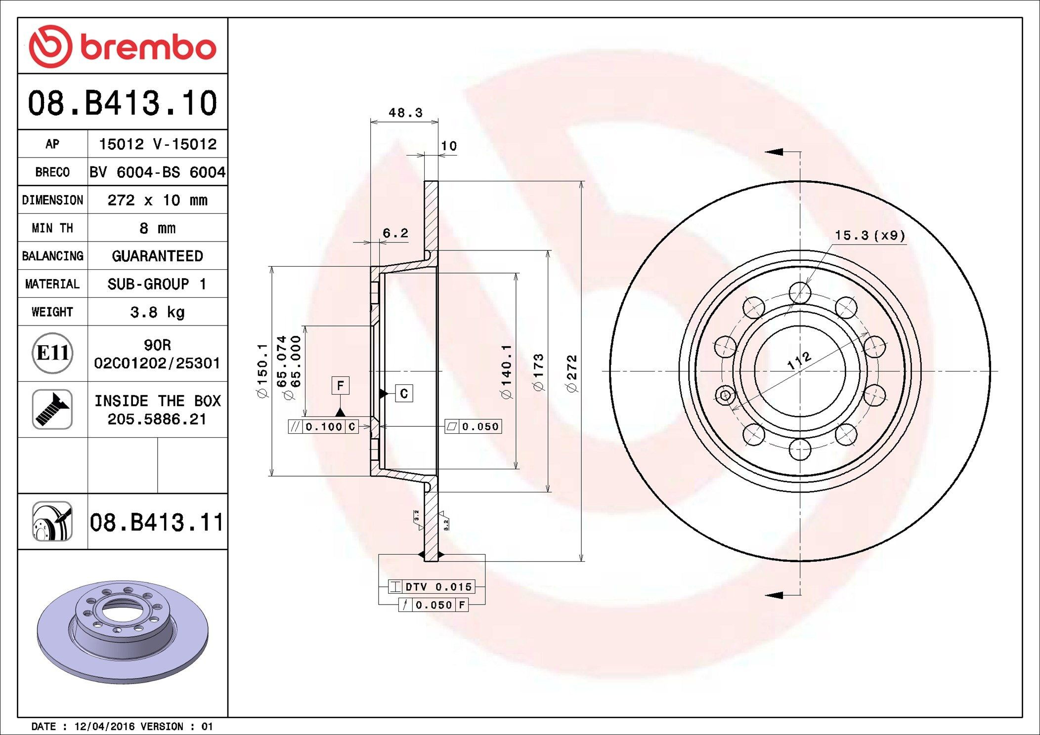 Disco de freno trasero Brembo 08B41311 precio, desde 32,52 EUR