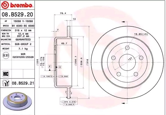 Disco de freno trasero 08B52921 Brembo