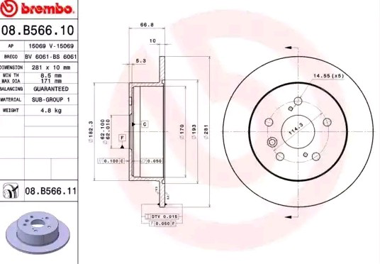 Disco de freno trasero 08B56611 Brembo