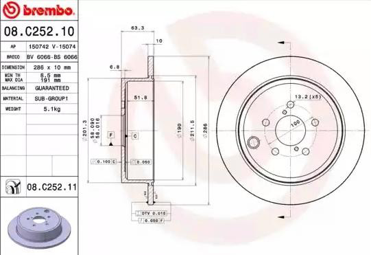 Disco de freno trasero Brembo 08C25211 precio, desde 55,18 EUR