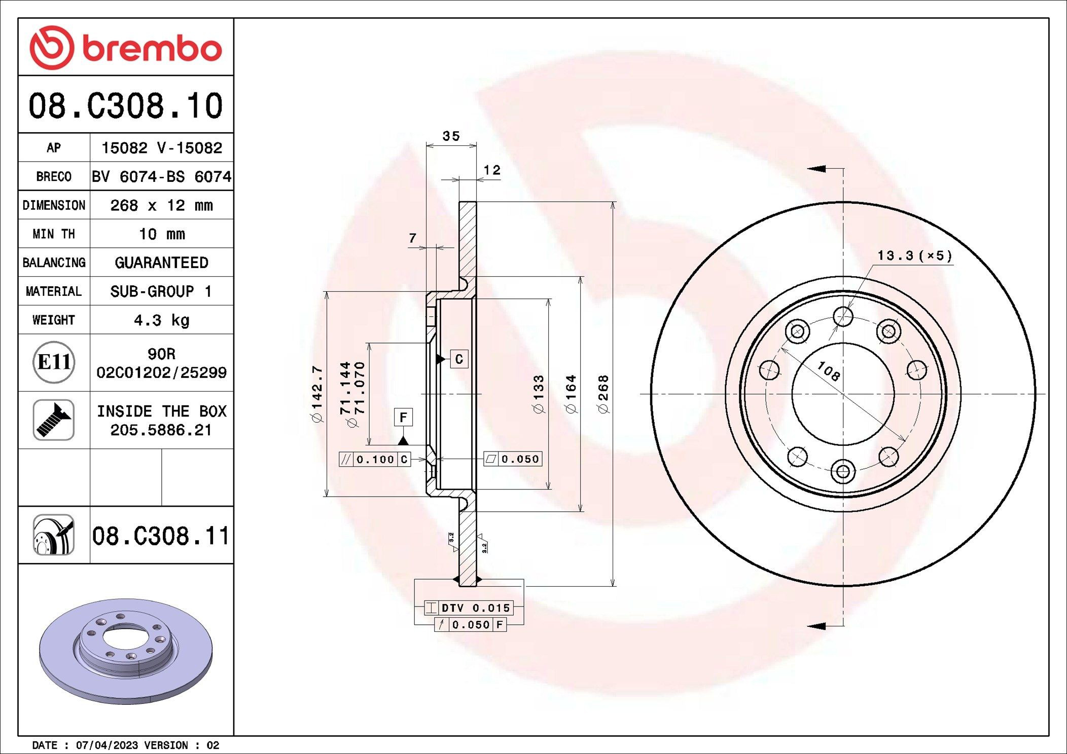 Disco de freno trasero 08C30811 Brembo
