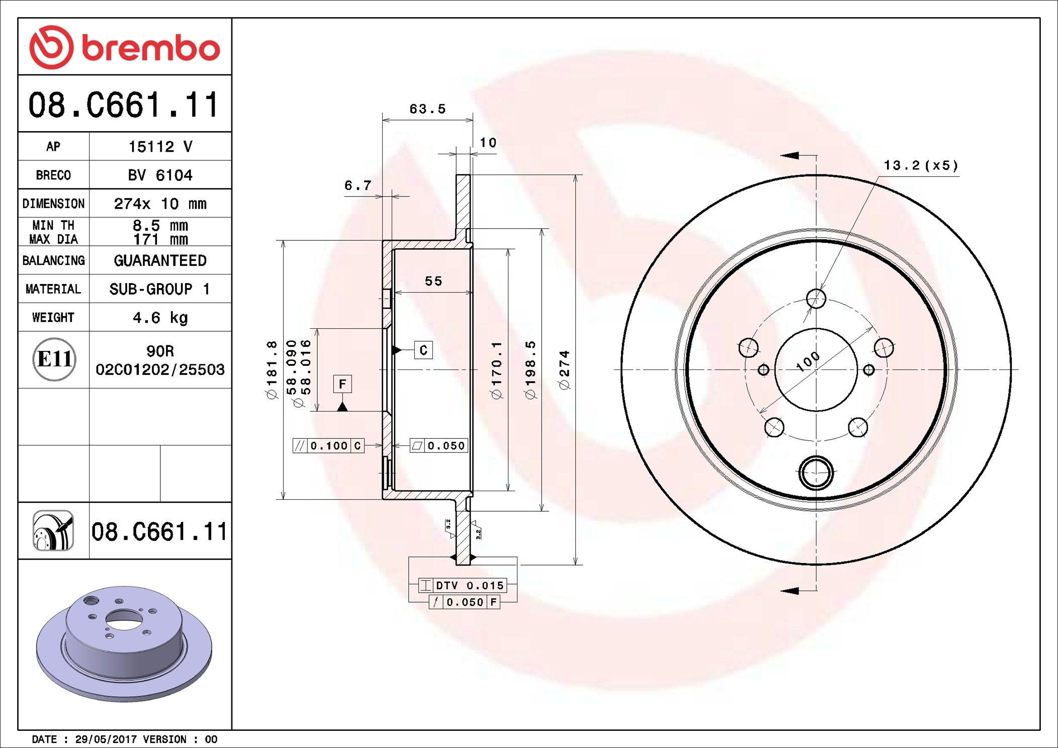 Disco de freno trasero 08C66111 Brembo
