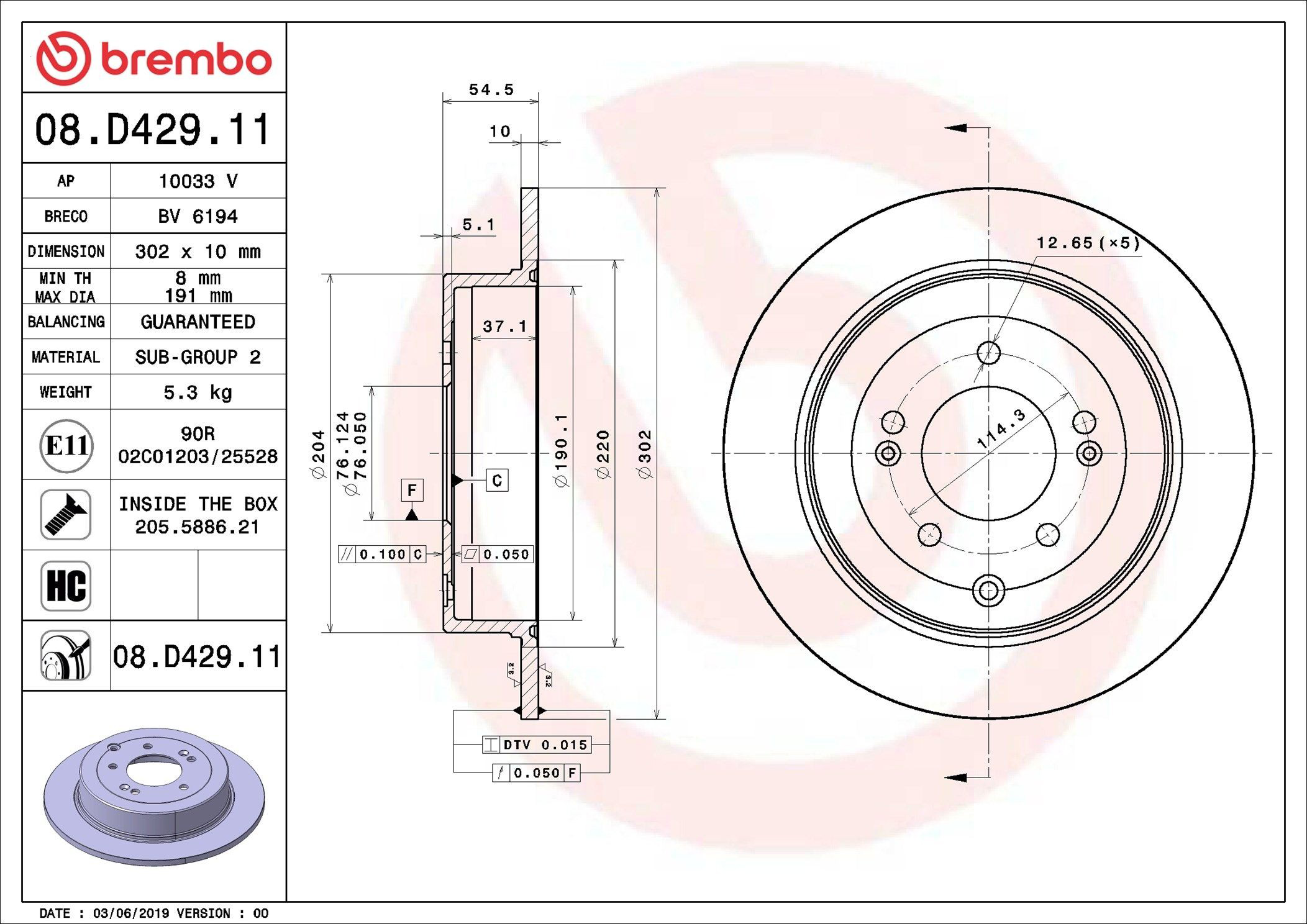 08D42911 Brembo Freno de disco trasero