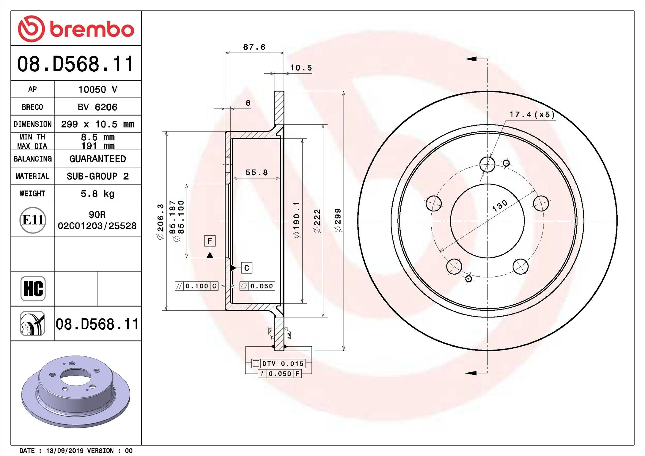 08D56811 Brembo Freno de disco trasero