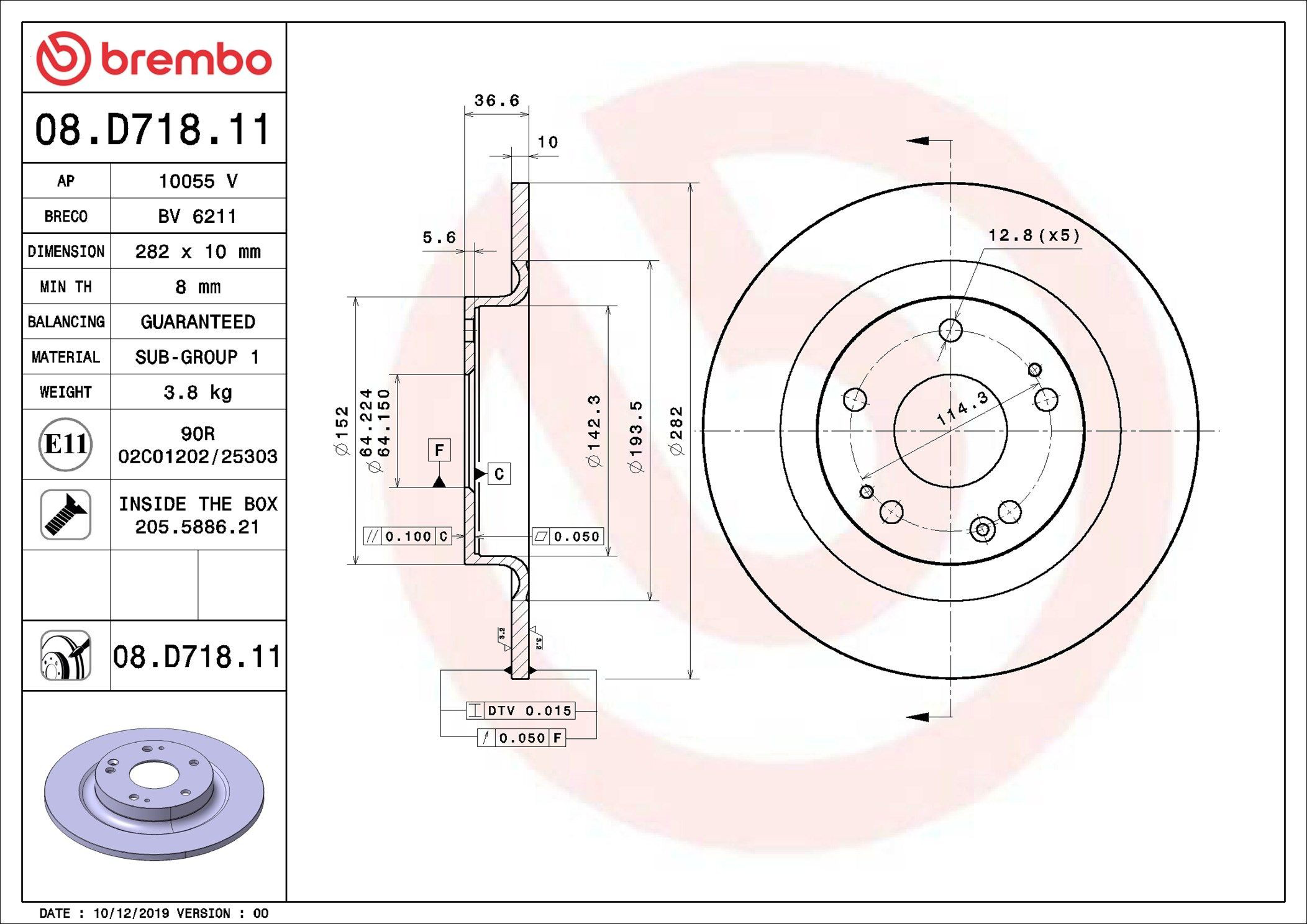 Disco de freno trasero 08D71811 Brembo