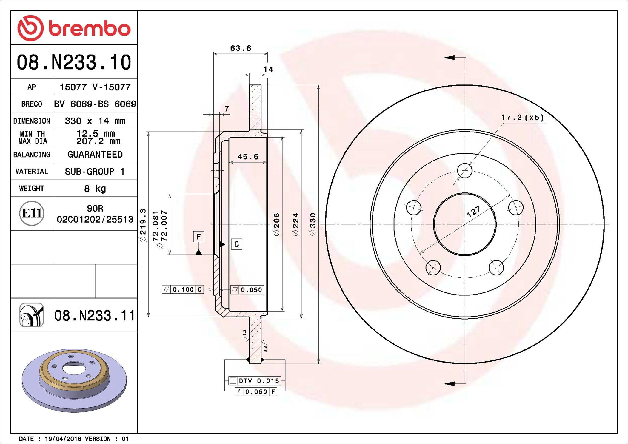 Disco de freno trasero Brembo 08N23311 precio, desde 71,90 EUR