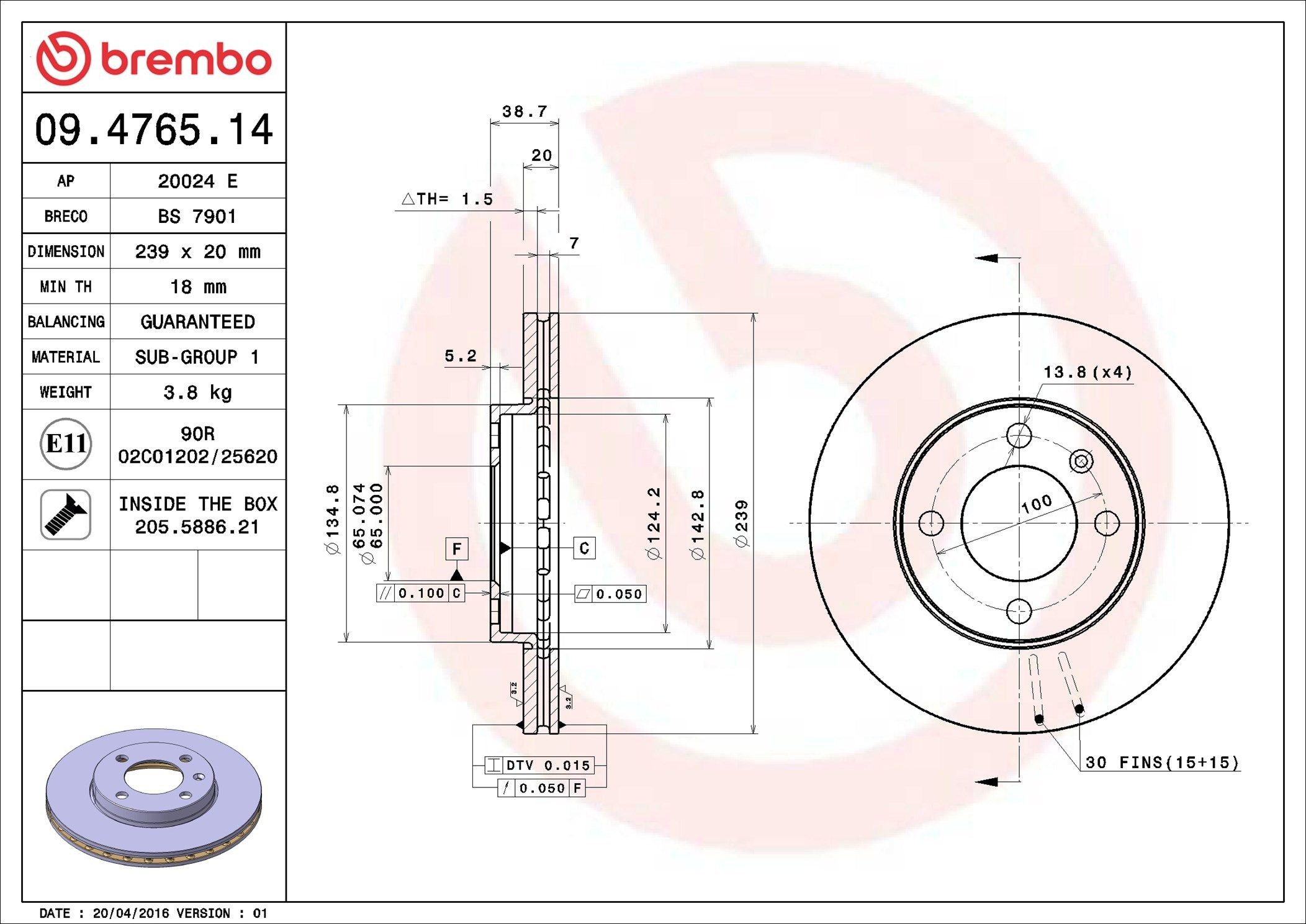 Disco de freno 09476514 Brembo