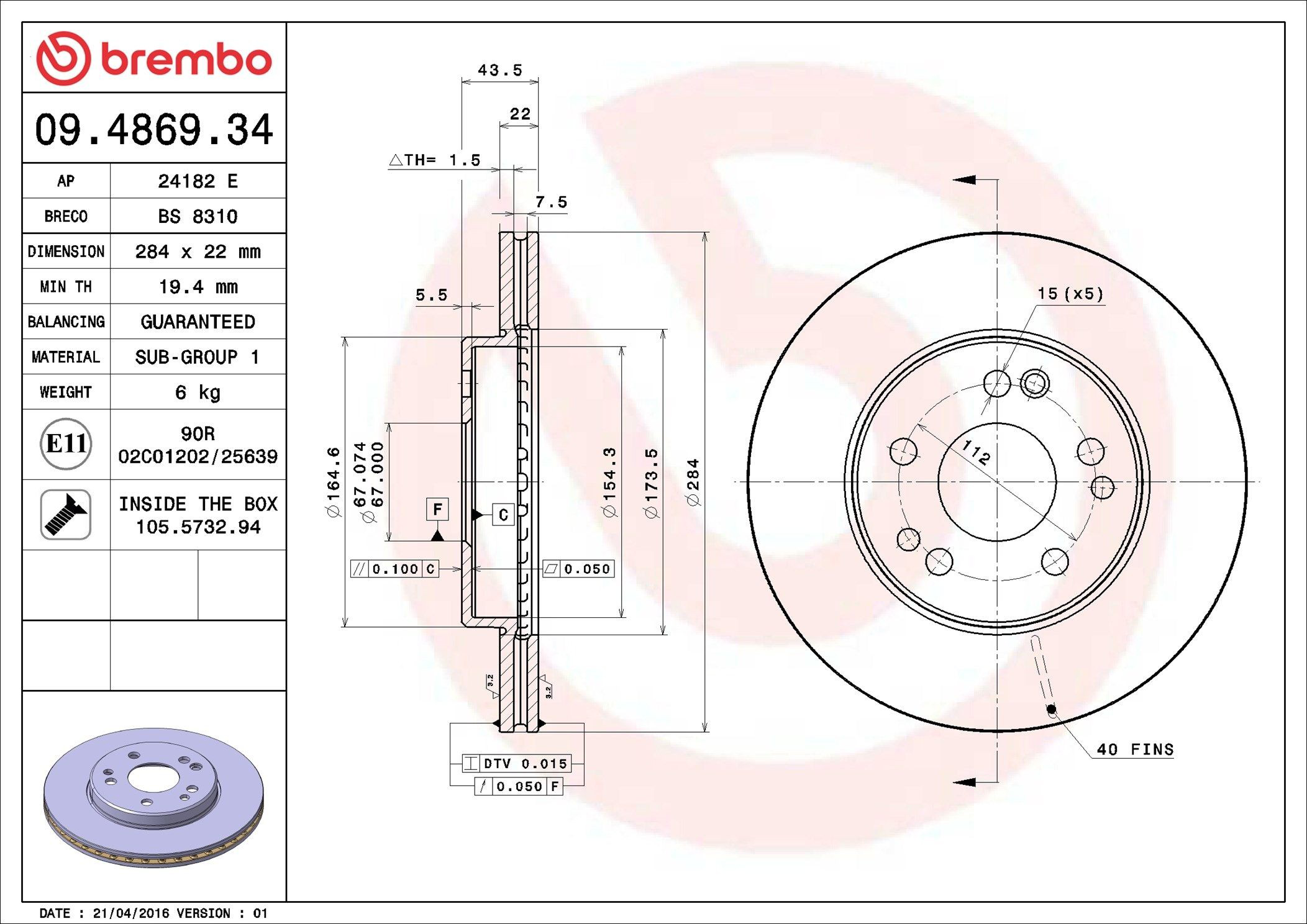 Comprar 09486934 Brembo Freno de disco delantero