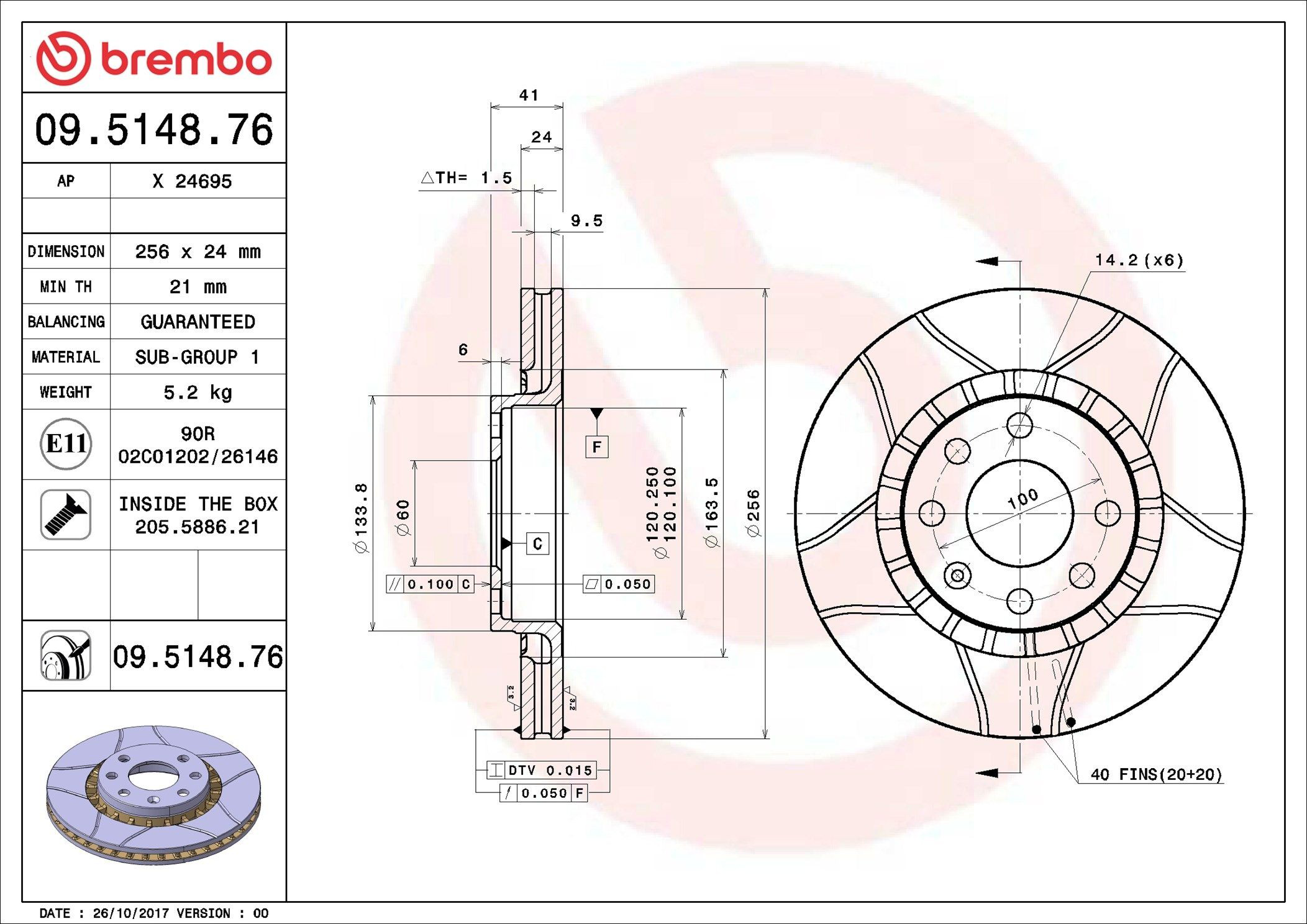 Disco de freno 09514876 Brembo